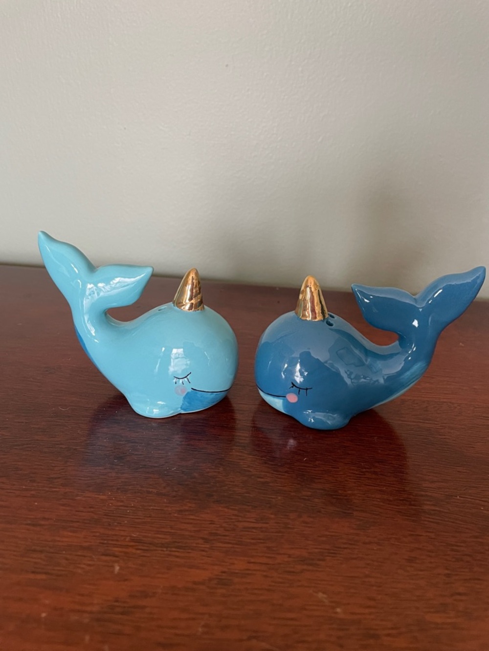 Ceramic Narwhal Salt & Pepper Shaker Set in Light and Deep Blue with Gold Tusk